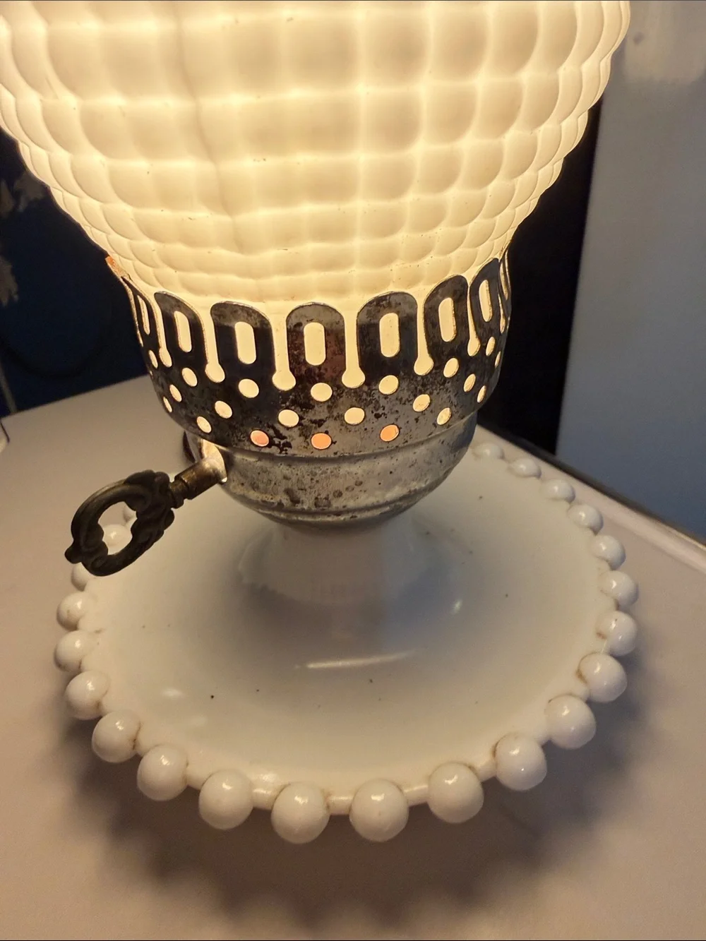 White Milk Glass Hobnail Table Lantern lamp.